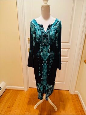 JM Collection Teal and Black Paisley Midi Dress with Bell Sleeves